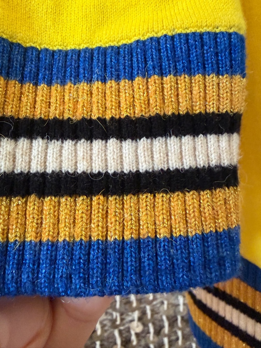 Desigual yellow sequined 'Awesome' crewneck sweater sparkle stripe trim - Picture 4 of 13